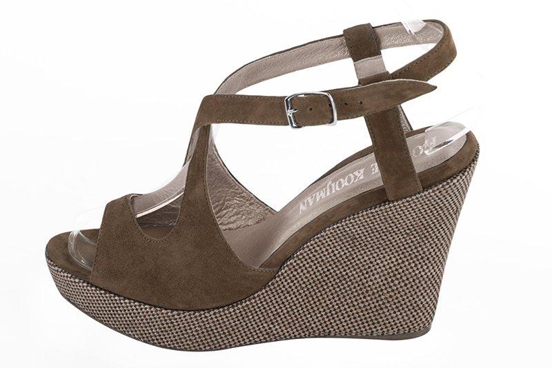 Chocolate brown women's open back sandals, with crossed straps. Round toe. Very high wedge soles. Profile view - Florence KOOIJMAN